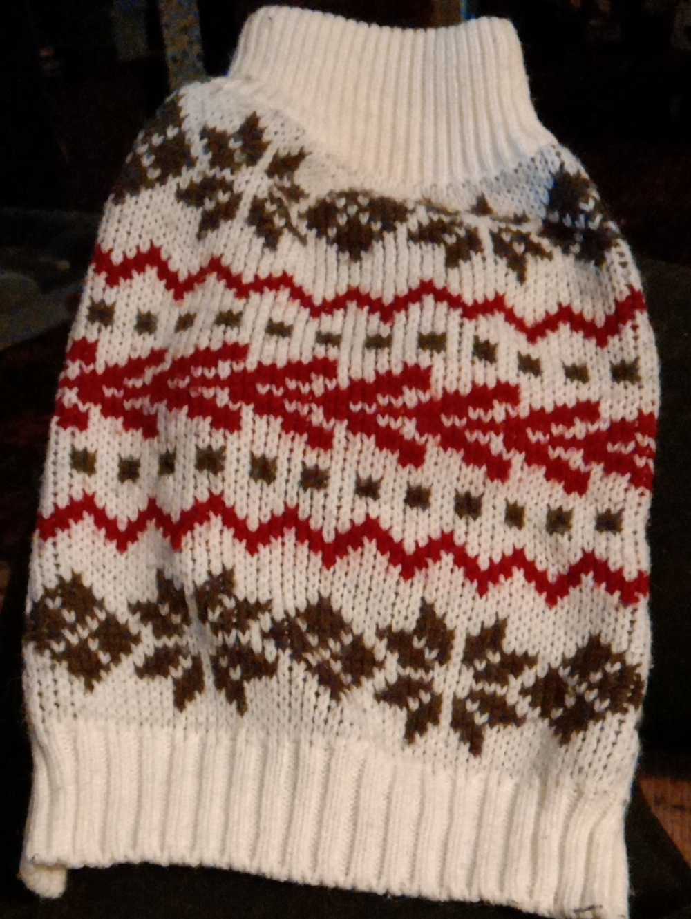 Cozy White Fair Isle Knit Dog Sweater with Red & Brown Pattern